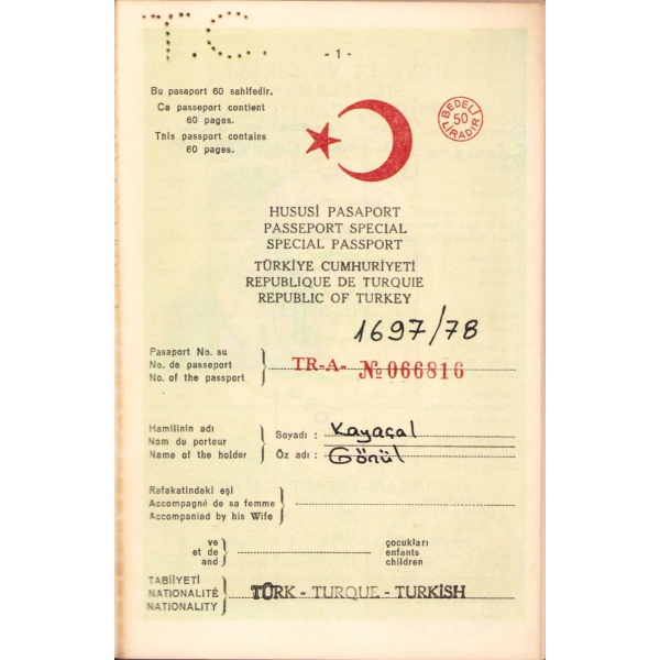 T.C. Pasaport, Gönül Kayaçal'a ait 1978 tarihli T.C. Pasaport, 9x16 cm
