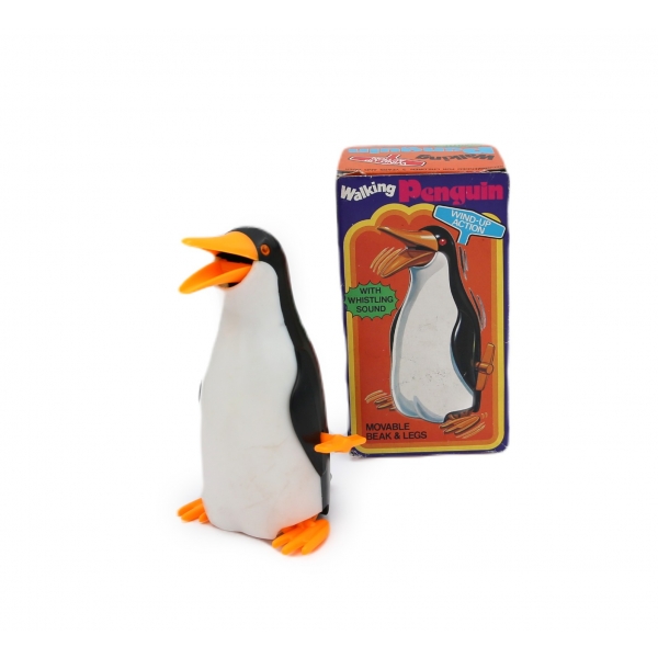 Kurmalı, çalışır durumda, orijinal kutusunda, plastik oyuncak penguen, 12x6 cm