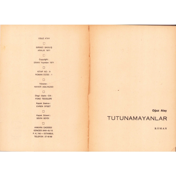 Tutunamayanlar - Roman-, Oğuz Atay, İlk baskı, 1971, iki cilt bir arada