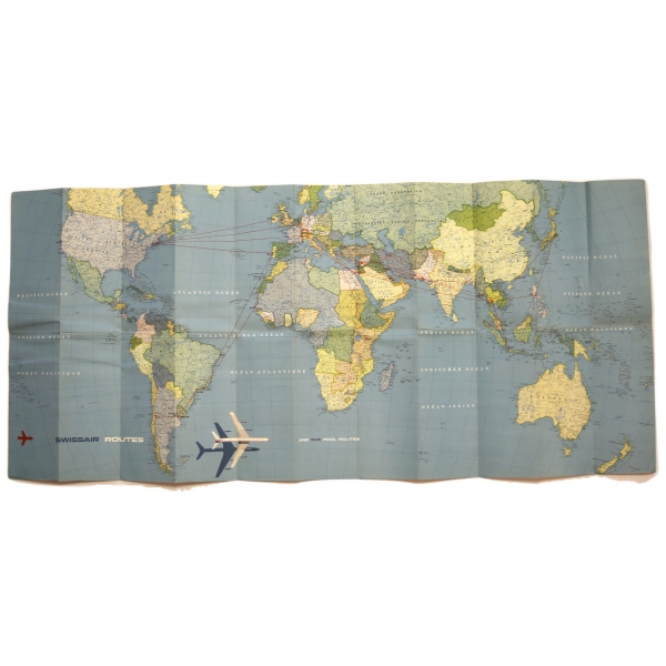 Swissair Havayolu şirketinin uçuş rotalarını gösteren dünya haritası, 110x49 cm