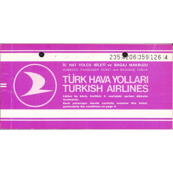 Türk Hava Yolları-Turkish Airlines iç hat yolcu bileti, 17x8 cm