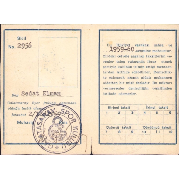 Galatasaray Spor Kulübü Kimlik Kartı,  1959 tarihli, 6x9 cm