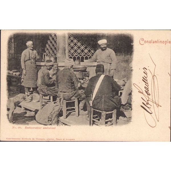 Osmanlı dönemi meslek kartpostalı, seyyar lokanta, Constantinople, postadan geçmiş, 13x9 cm