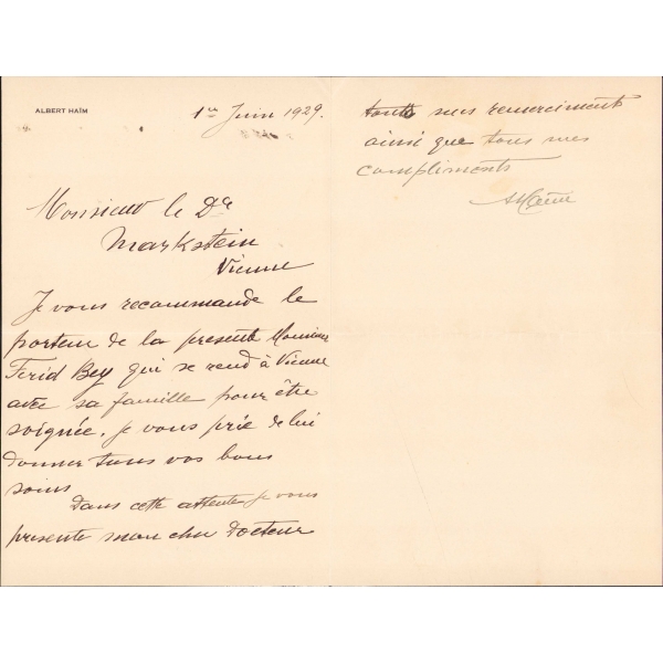Fransızca mektup ve zarf, Alber Haim antetli kağıt, 1929 tarihli, mektup:14x22 cm, zarf: 14x11 cm