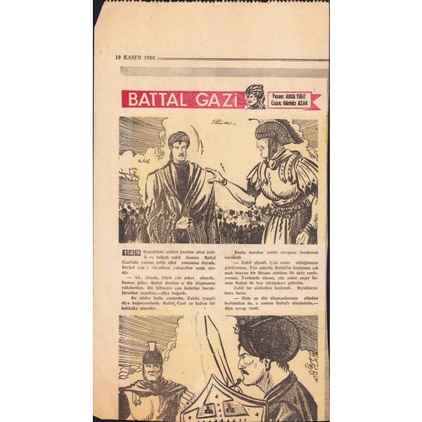 1966 yılına ait  68 adet gazete küpürü, Battal Gazi, Atilla Yiğit, çizen Gürbüz Azak, 16x25 cm