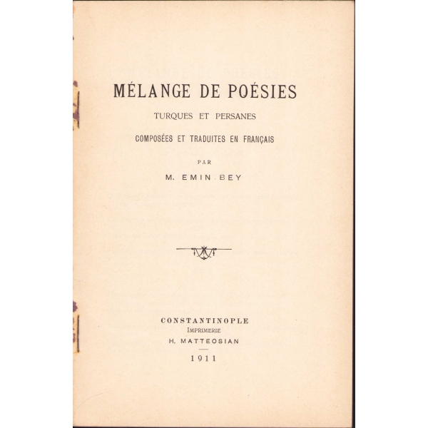 Fransızca, Melange De Poesies, M. Emin Bey, 1912, 85 sayfa, 14x22