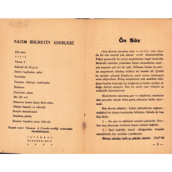 Nazım Hikmet Hayatı Seçme Şiir ve Yazıları, Ahmed Cevad, 1937, 128 sayfa, haliyledir
