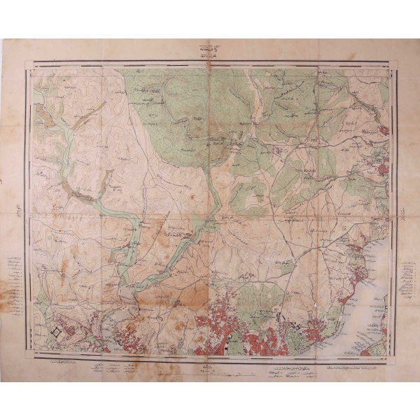 Osmanlıca Erkan-ı Harbiye-i Umumiye tarafından basılmış Kağıthane haritası, tamir görmüş, 58x50 cm