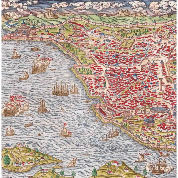 16. yüzyıl Konstantinopolis'in (İstanbul) elde renklendirilmiş erken dönem gravür, Almanca, 40x34 cm