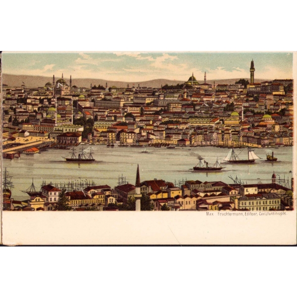 Osmanlı dönemi taş baskı beşli İstanbul [Constantinople] panoraması, 68x8 cm