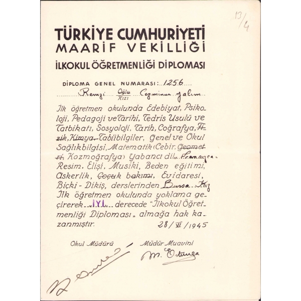 Bursa Kız Öğretmen Okulu İlkokul Öğretmenliği Diploması, 34x23 cm