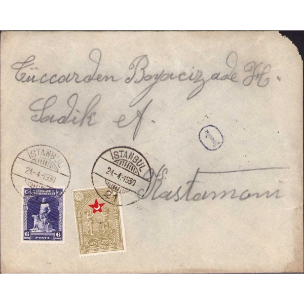 Tüccardan Boyazcızade H. Sadık Efendi Kastamonu yazılı zarf, İstanbul damgalı, postadan geçmiş