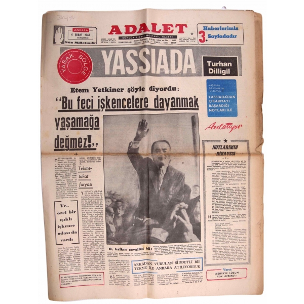 Adalet Gazetesi, Kapak: Yassıada, 4 Şubat 1967, 8 sayfa, 45x60 cm