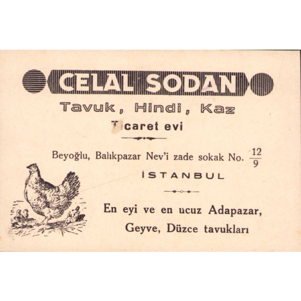 Celal Sodan Tavuk Hindi Kaz Ticareti işyeri reklam kartı, 12x8 cm