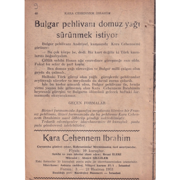 Karacehennem İbrahim 1-11. Formalar -Roman-, Reşat İleri, 1953