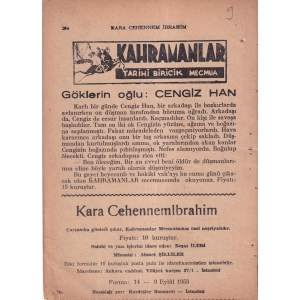 Karacehennem İbrahim 14-23. Formalar -Roman-, Reşat İleri, 1953