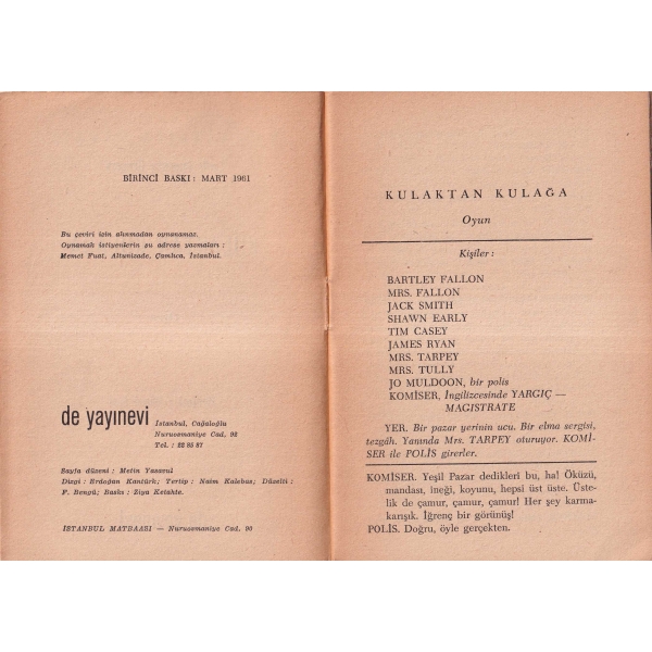 Kulaktan Kulağa -Oyun-, Lady Augusta Gregory, Çeviren Memet Fuat, 1961, 34 sayfa