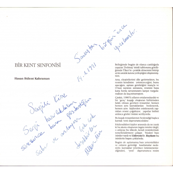 Bir Kent Senfonisi -Resim Sergisi-, Ülker Ün'den imzalı ve ithaflı, 1990, 8 sayfa, 22x24 cm