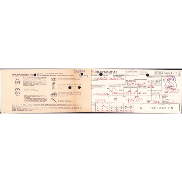 Türk Hava Yolları yolcu bileti ve makbuzu, 1970 ler, 4 adet, 15x7 cm