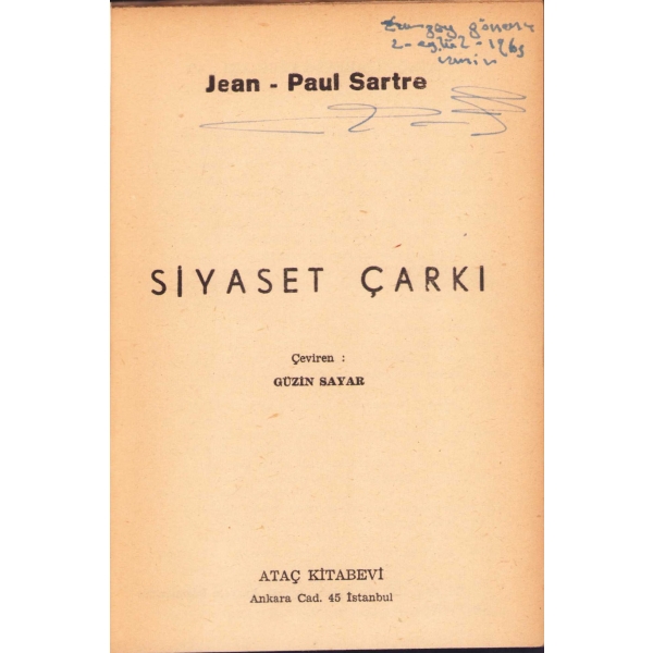 Siyaset Çarkı, J. P. Sartre, Çeviren Güzin Sayar, 1963, 125 sayfa