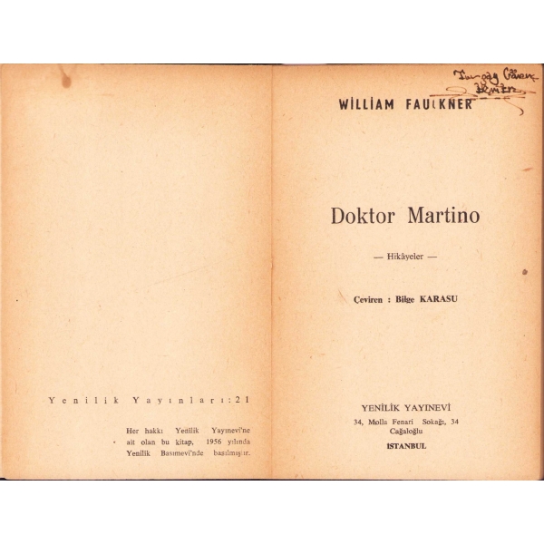 Doktor Martino -Hikayeler-, William Faulkner, Çeviren Bilge Karasu, 1956, 78 sayfa
