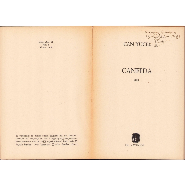 Canfeda -Şiir-, Can Yücel, İlk baskı 1986, 101 sayfa