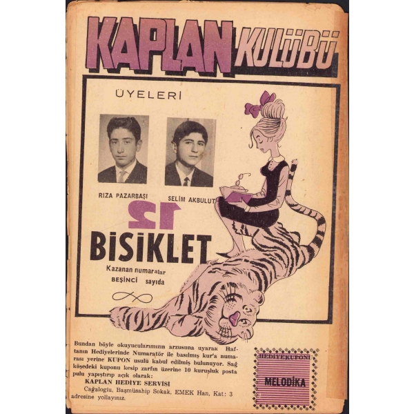 Kaplan - haftalık mecmua, 3. cilt, 5 sayı birarada, sırtı tamirli, 26 sayfa, 15x24 cm