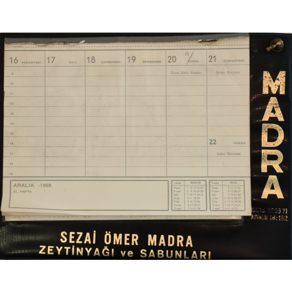 Sezai Ömer Madra Zeytinyağı ve Sabunları reklamlı 1969 ajanda, kalemliği mevcut, 25x18 cm
