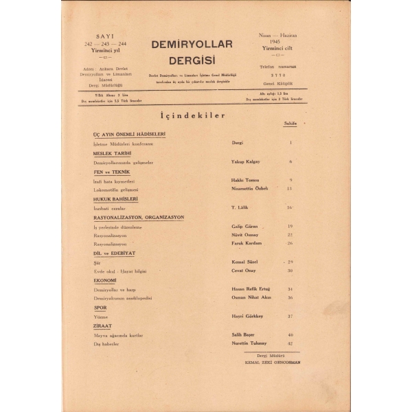 Demiryollar Dergisi - [Sayı 242-243-244], 1945, 43 sayfa, 24x34 cm