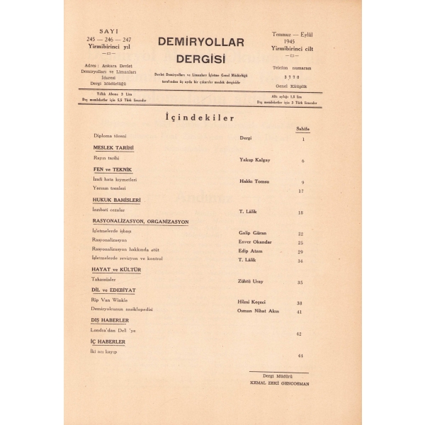 Demiryollar Dergisi - [Sayı 245-246-247], 1945, 44 sayfa, 24x34 cm