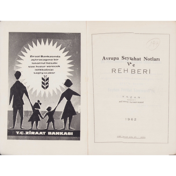 Avrupa Seyahat Notları ve Rehberi, Ali Raci Tanrıverdi, Adana 1962, 164 sayfa, 25x17 cm