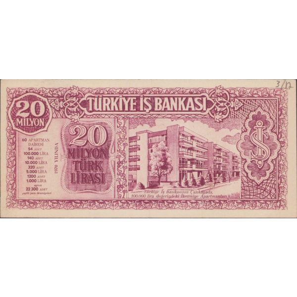 Türkiye İş Bankası Çekiliş Parası, 20 Milyon, 1970, 17x8 cm