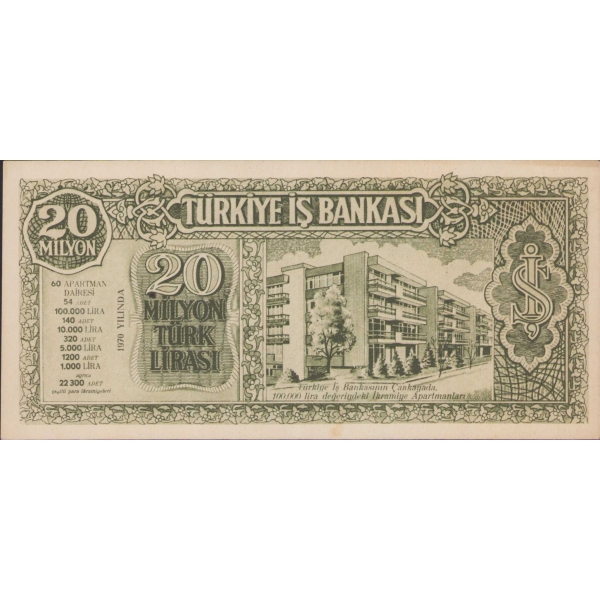 Türkiye İş Bankası Çekiliş Parası, 20 Milyon, 1970, 17x8 cm