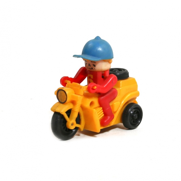 Türk malı, Toros Oyuncakları, kutusunda, kurmalı, çalışır durumda, plastik oyuncak motorsikletli çocuk, 11x9x4 cm