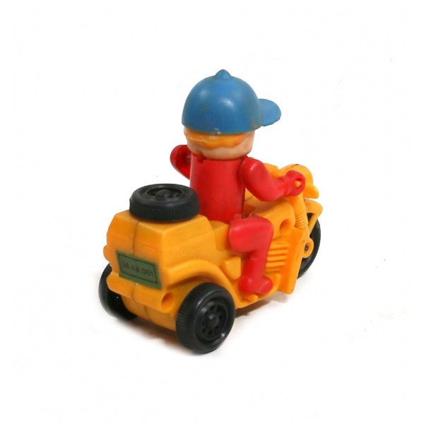 Türk malı, Toros Oyuncakları, kutusunda, kurmalı, çalışır durumda, plastik oyuncak motorsikletli çocuk, 11x9x4 cm