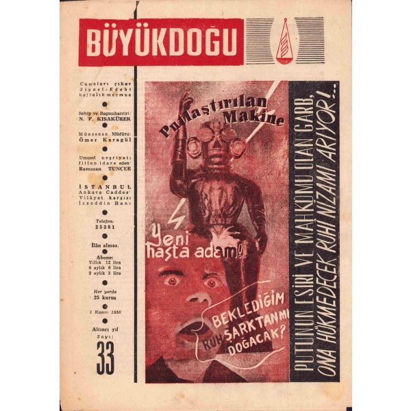Büyükdoğu Siyasi - Edebi haftalık mecmua, 3 Kasım 1950, Sayı: 33, 16 sayfa, 20x26 cm