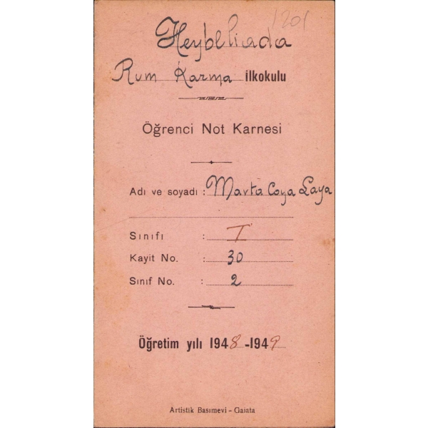 Heybeliada Rum Karma İlkokulu 1948 - 1949 Öğretim yılı Öğrenci Not Karnesi, 10x18 cm