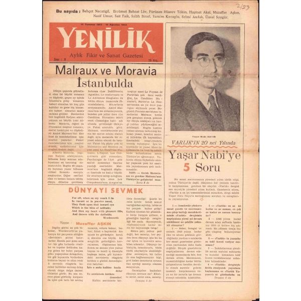 Açılmamış bandında Yenilik Aylık Fikir ve Sanat Gazetesi, 15 Temmuz - 15 Ağustos 1953, Sayı: 8, 25x8 cm