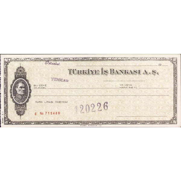Türkiye İş Bankası boş çek yaprağı, Atatürk görselli, 22x9 cm