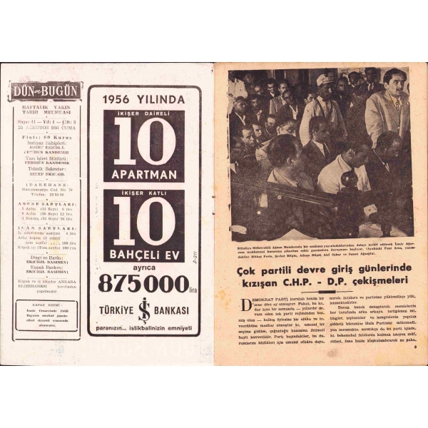 Demokratlar Adalet Huzurunda manşetli Dün ve Bugün mecmuası, 25 Ağustos 1956, Sayı: 41, 34 sayfa, 17x24 cm
