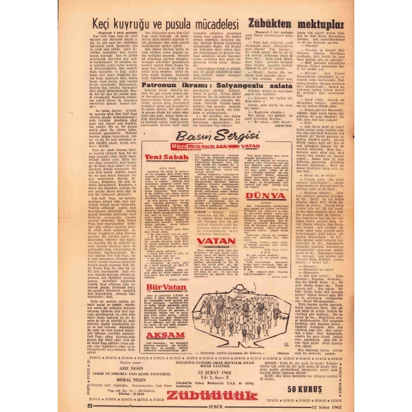 Aziz Nesin'in çıkardığı mizahi gazete: Zübük - Sayı 1  - No:2, 12 Şubat 1962, 8 sayfa, 42x29 cm