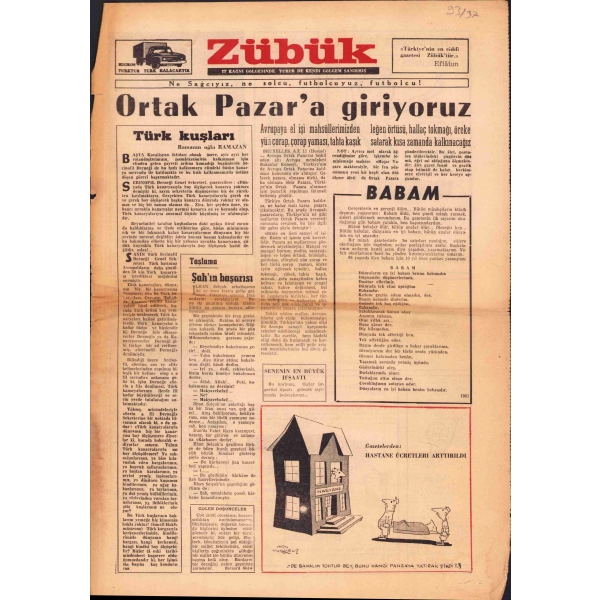 Aziz Nesin'in çıkardığı mizahi gazete: Zübük - Sayı 1  - No:2, 12 Şubat 1962, 8 sayfa, 42x29 cm