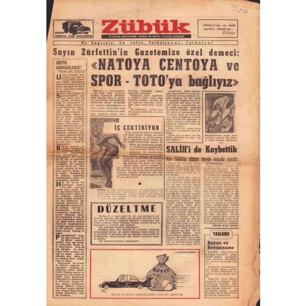 Aziz Nesin'in çıkardığı mizahi gazete: Zübük - Sayı 1 - No: 1, 5 Şubat 1962, 8 sayfa, 42x29 cm