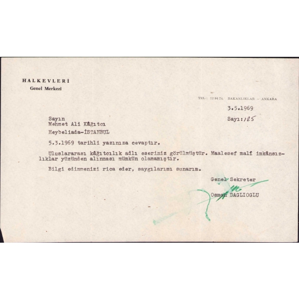 Halkevleri Genel Merkezi antetli yazışma evrakı, Mehmet Ali Kağıtçı'ya gönderilmiş, 23x14 cm