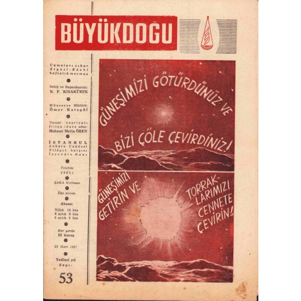 Büyük Doğu dergisi Sayı: 53, 23 Mart 1951, 16 sayfa, 28x20 cm