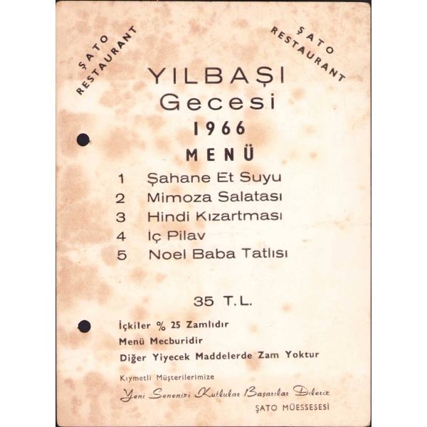 1966 Yılbaşı Gecesi Menüsü, Şato Restaurant, 18x14 cm