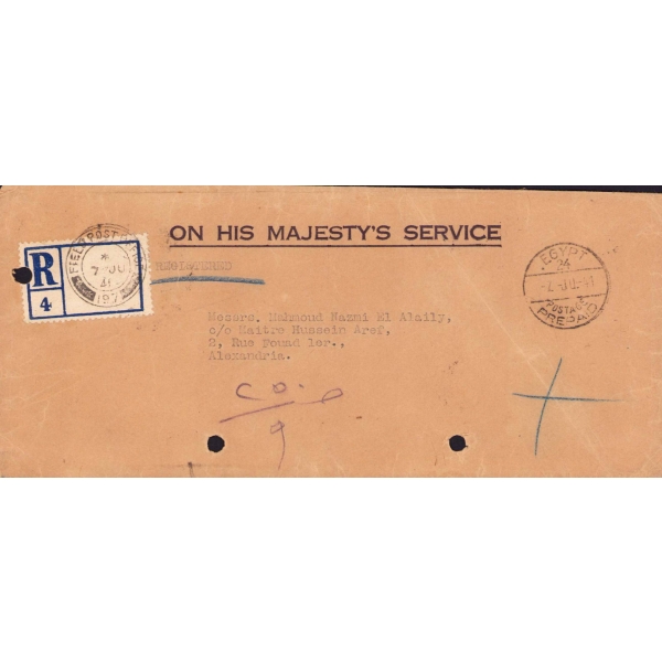 Mahmoud Nazmi adına gönderilmiş pullu, Mısır damgalı boş zarf