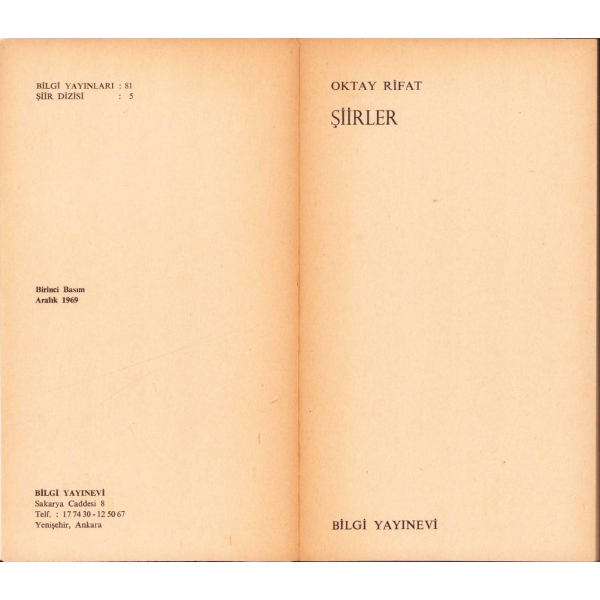 Şiirler, Oktay Rifat, İlk Baskı, 1969, Bilgi Yayınevi, 111 sayfa, 10x18 cm