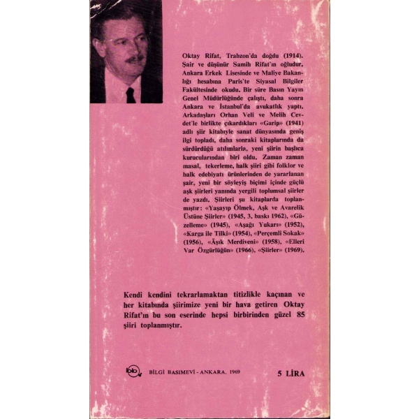 Şiirler, Oktay Rifat, İlk Baskı, 1969, Bilgi Yayınevi, 111 sayfa, 10x18 cm