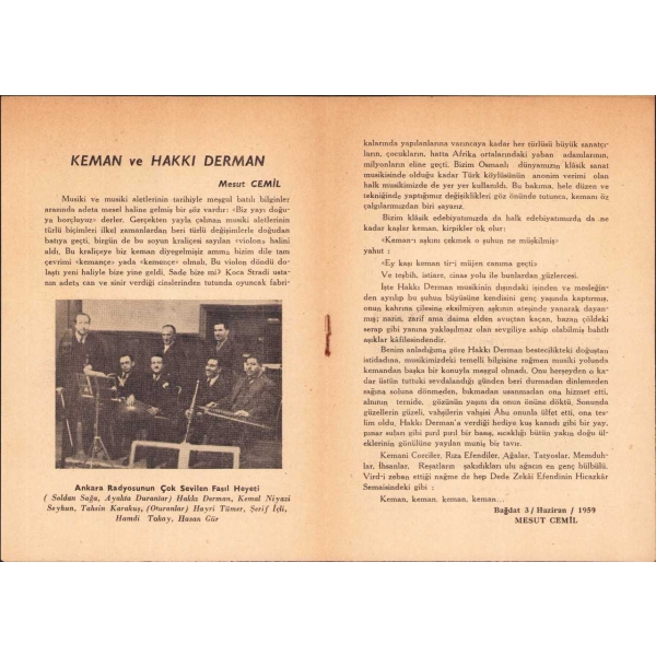 Sanatkar Hakkı Derman Jübilesi hatırası, 24 Temmuz 1959, İstanbul Açıkhava Tiyatrosu, program ve tanıtım kitapçığı, 6 sayfa, 14x19 cm
